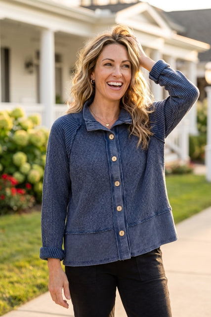 Mixed Waffle Knit Button-Front Jacket